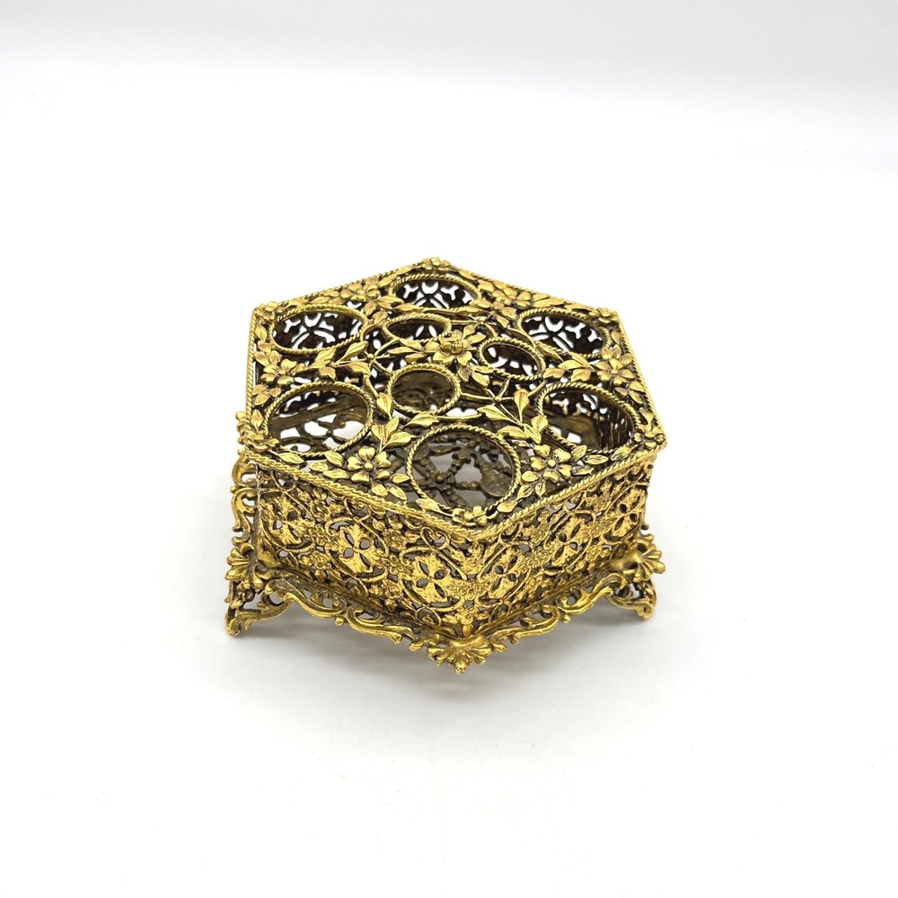 Vintage Musi Gold Filigree Hexagon Lipstick Holder Ornate Floral Footed